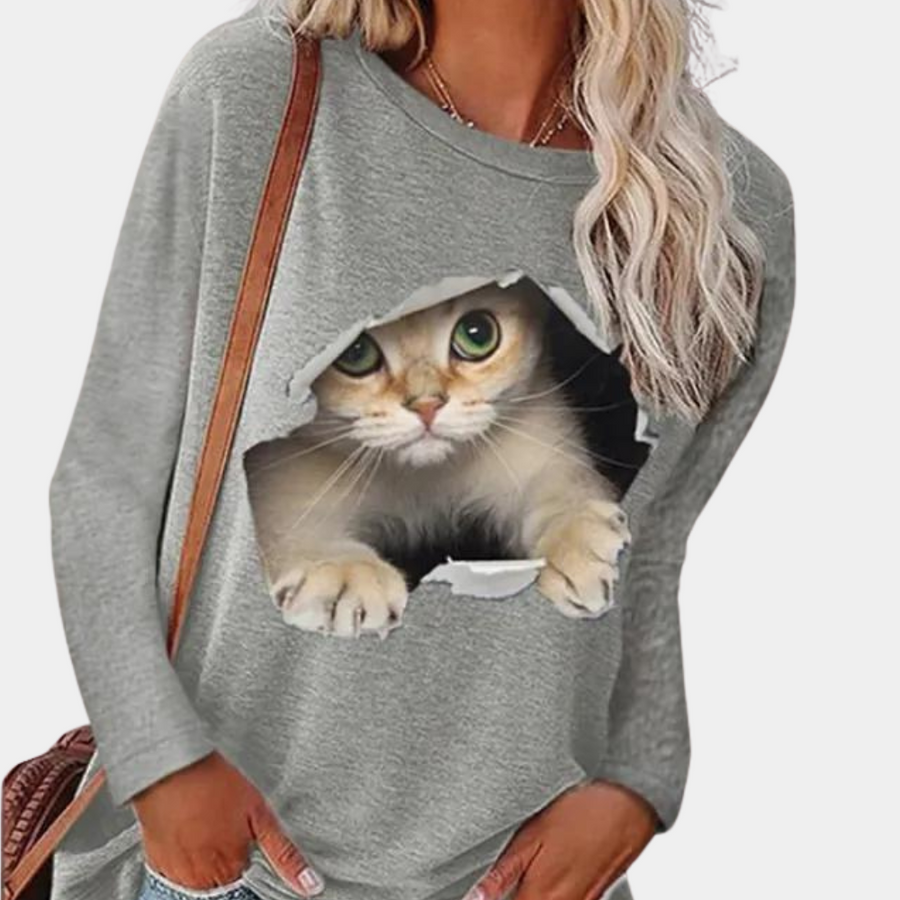 Women's elegant cat print blouse, soft comfortable fabric, playful chic everyday style for cat lovers