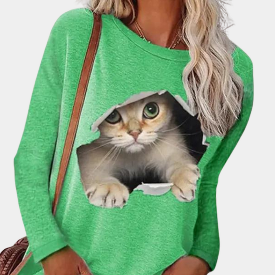 Women's elegant cat print blouse soft comfortable fabric playful chic style for everyday wear