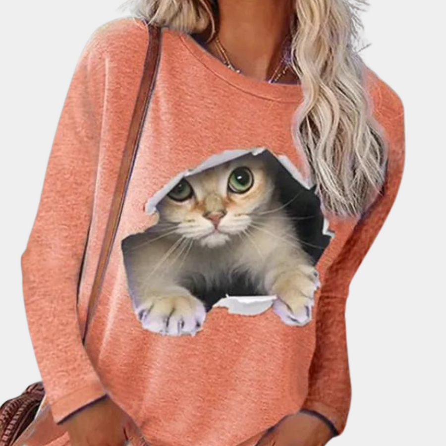Women's elegant cat print blouse soft comfortable fabric stylish everyday top for cat lovers
