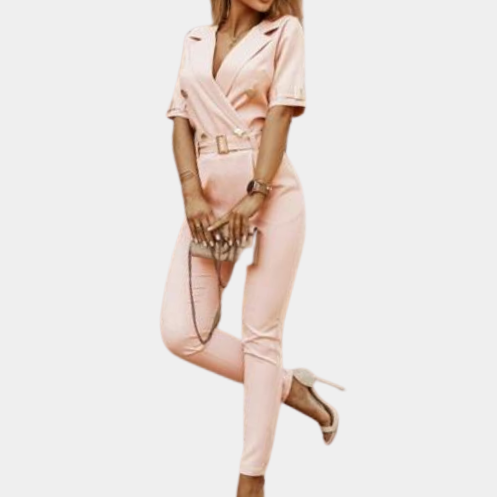 Women's tailored fit jumpsuit V-neck short sleeve with belt buckle chic formal office wear