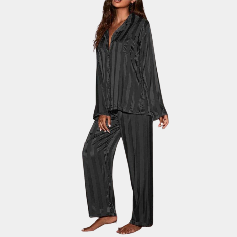 Women's satin pajama set long sleeve button-up top elastic waist pants silky luxurious loungewear