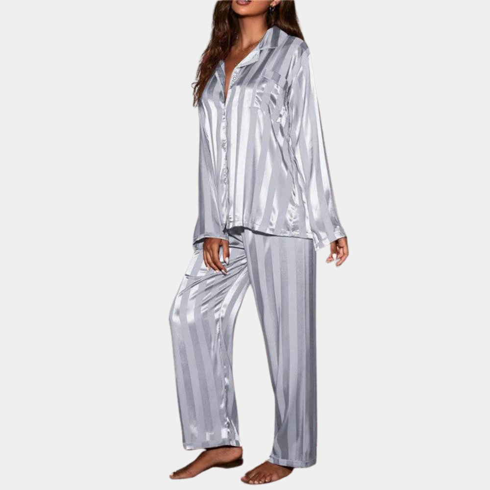 Women's satin pajama set long sleeve button-up top elastic waist pants silky luxurious lounge