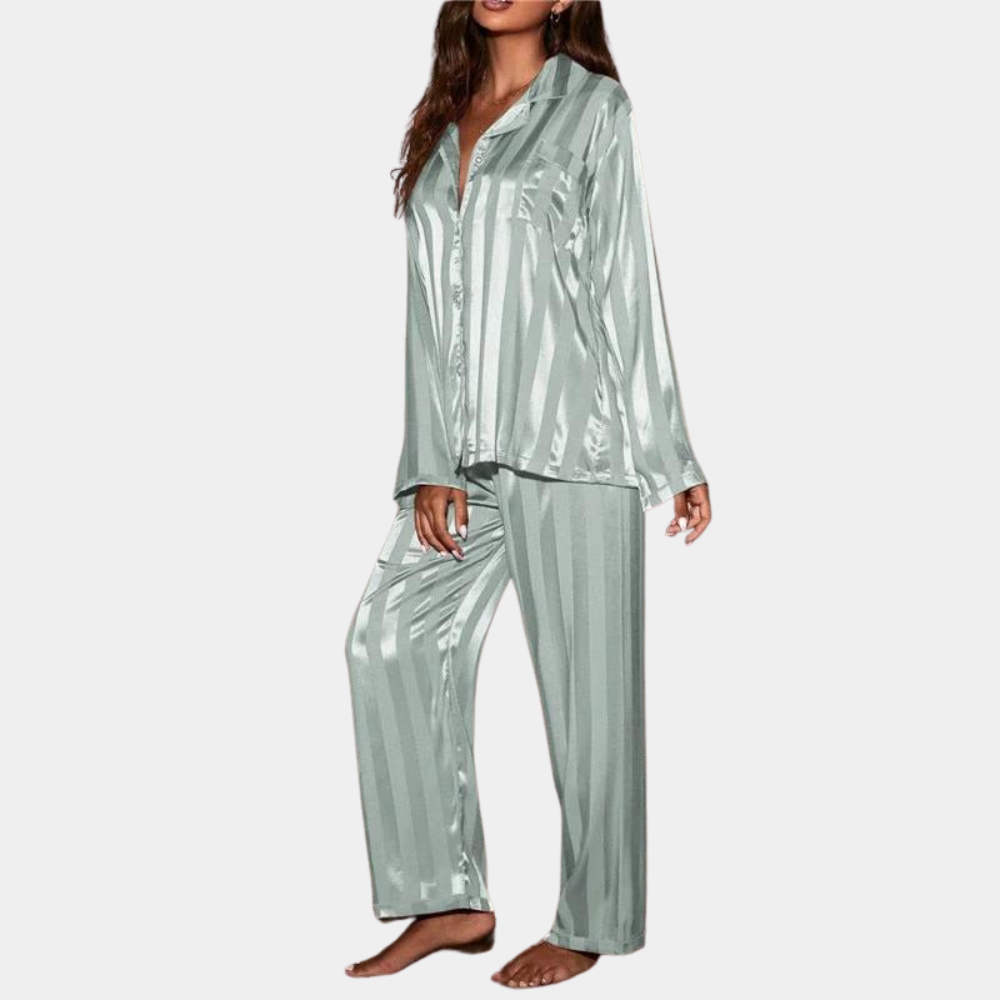 Women's satin pajama set long sleeve button-up top elastic waist pants silky luxurious loungewear