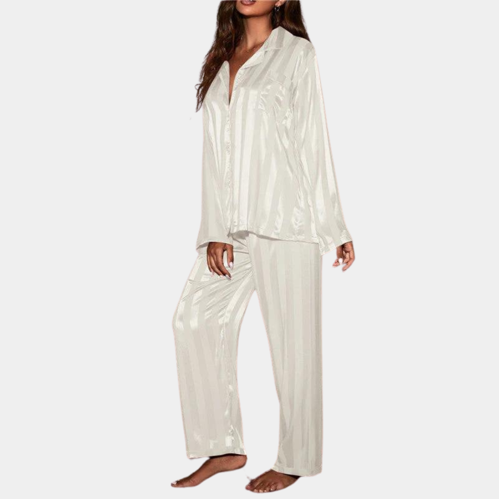 Women's satin pajama set long sleeve button-up top elastic waist pants silky luxurious loungewear