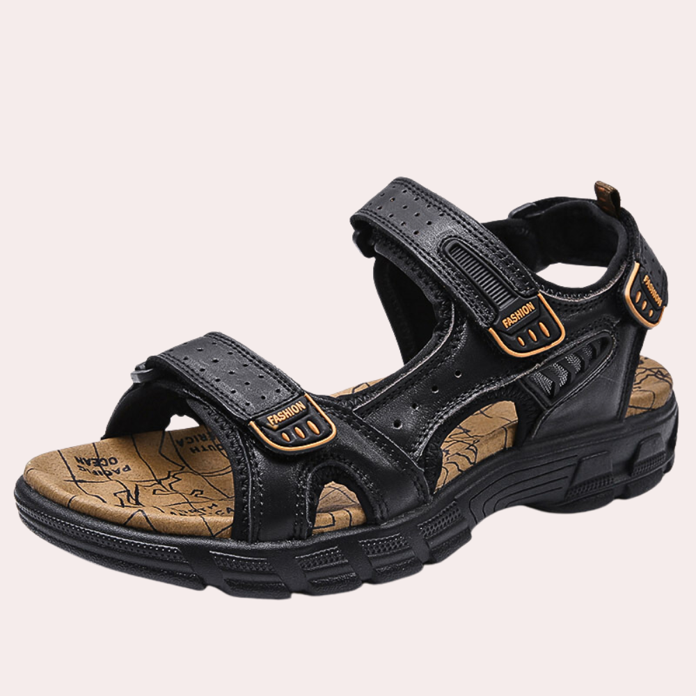 Men's brown PU leather outdoor sandals with adjustable straps and shock-absorbing sole for all-day comfort