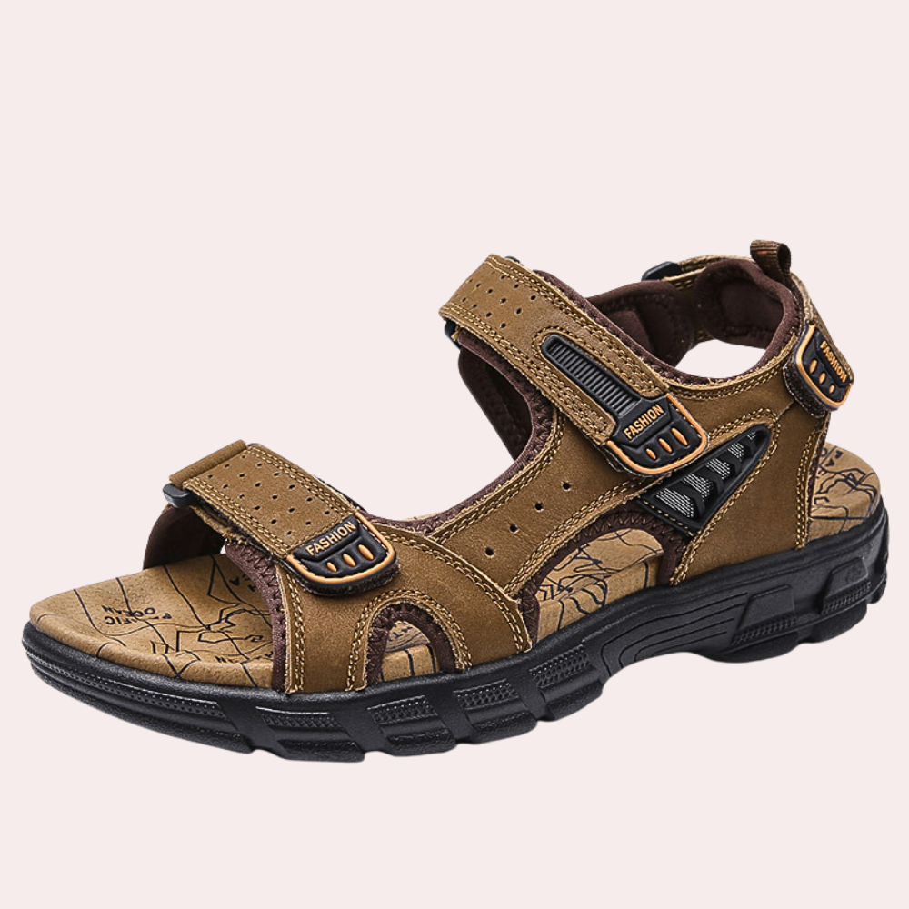 Men's brown PU leather outdoor sandals with adjustable straps and shock-absorbing sole for all-day comfort