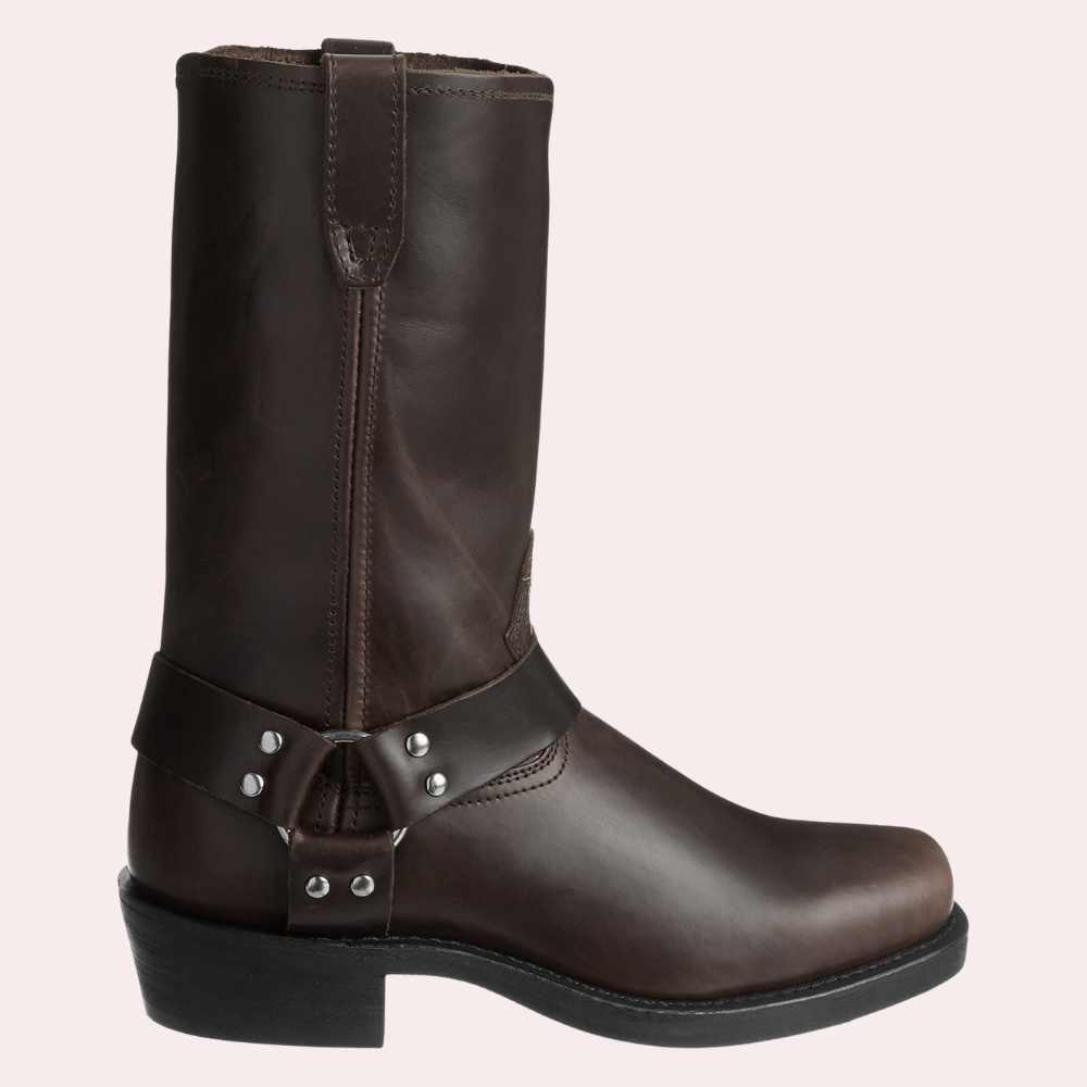 Men's brown leather harness western boots with rugged durable construction and classic strap detail