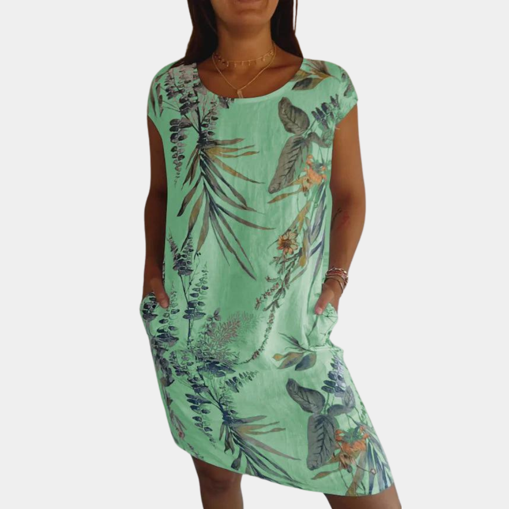 Women's relaxed fit floral print casual summer dress with round neck and short sleeves