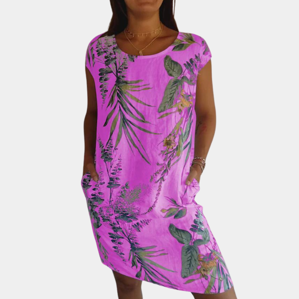 Women's relaxed fit floral print casual summer dress with round neck and short sleeves