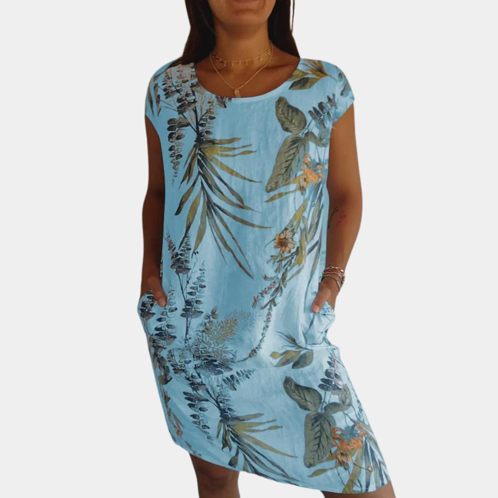 Women's relaxed fit floral print summer dress with round neck and short sleeves casual style