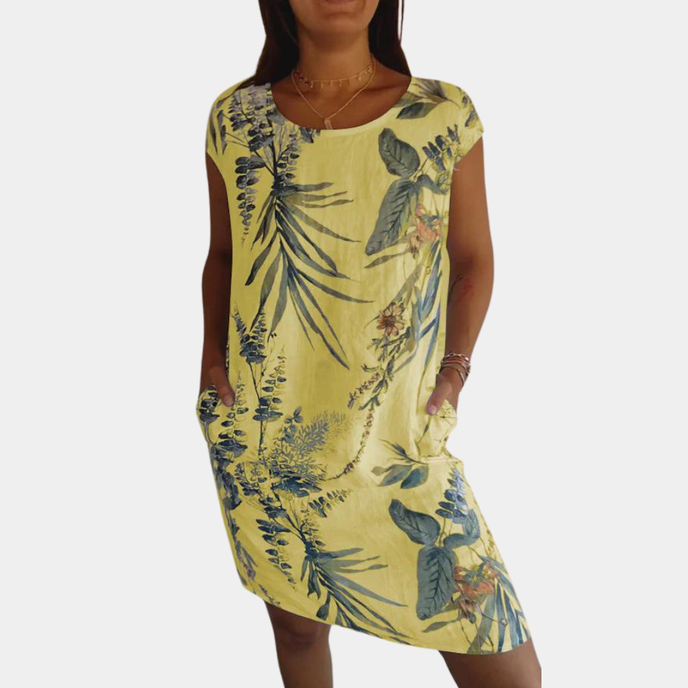 Women's relaxed fit floral print casual summer dress with round neck and short sleeves