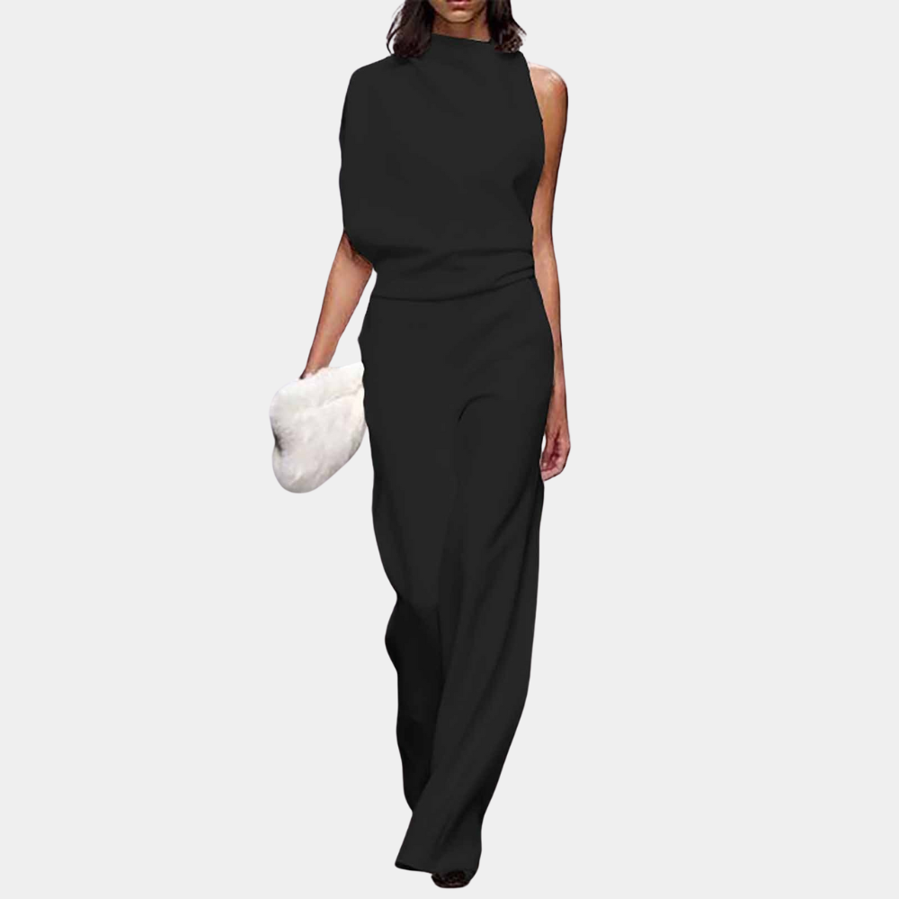 Women's sleeveless high neck jumpsuit with asymmetric draped detail, elegant modern formal style