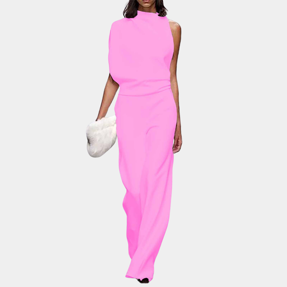 Women's sleeveless high neck jumpsuit with asymmetric draped detail in elegant modern silhouette