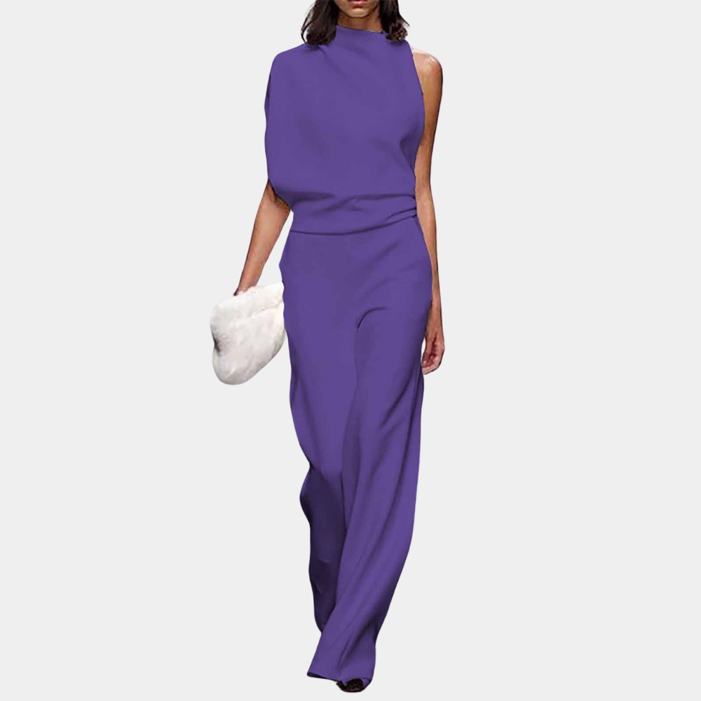 Women's sleeveless high neck jumpsuit with asymmetric draped detail in elegant modern silhouette