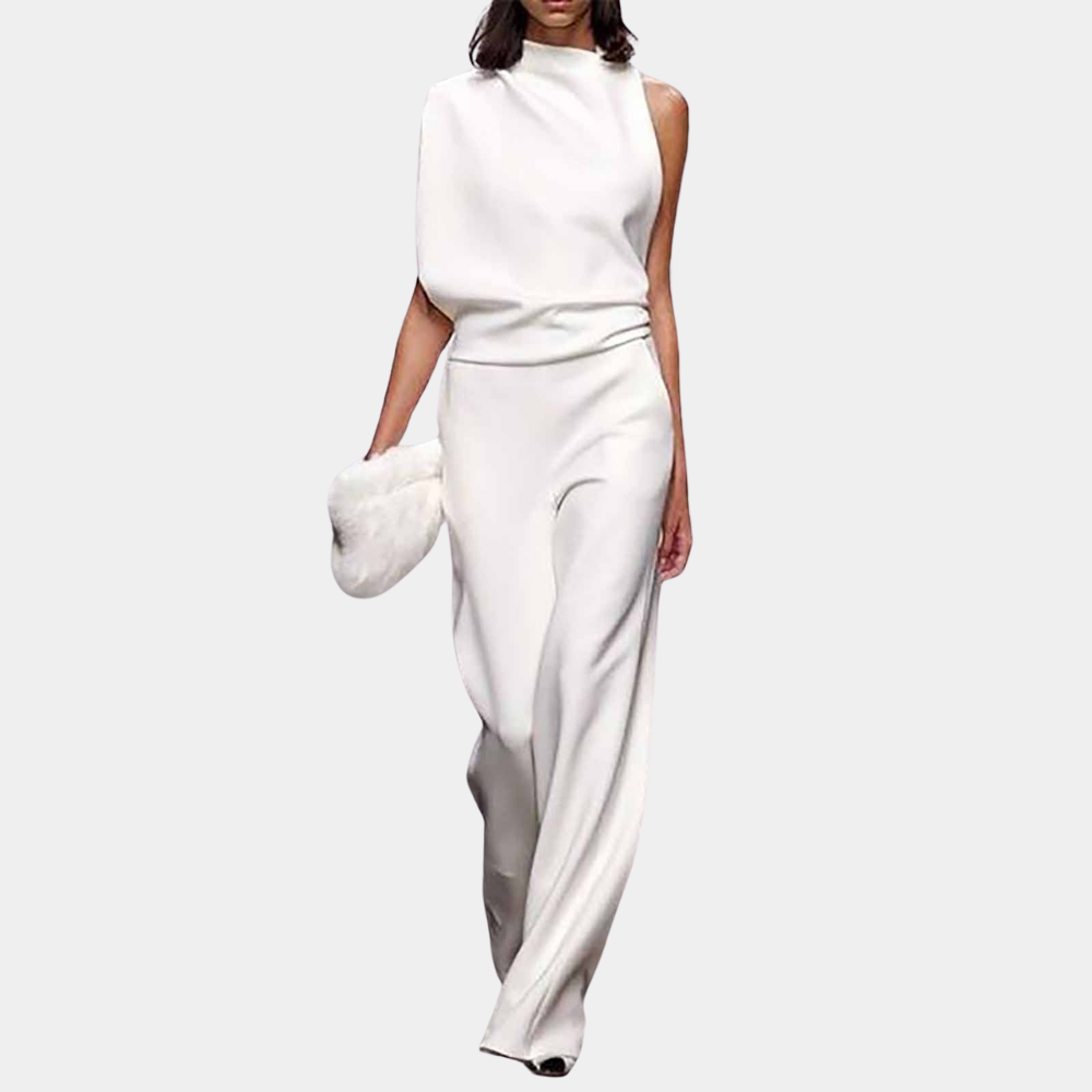 Women's sleeveless high neck jumpsuit with asymmetric draped detail, elegant modern style