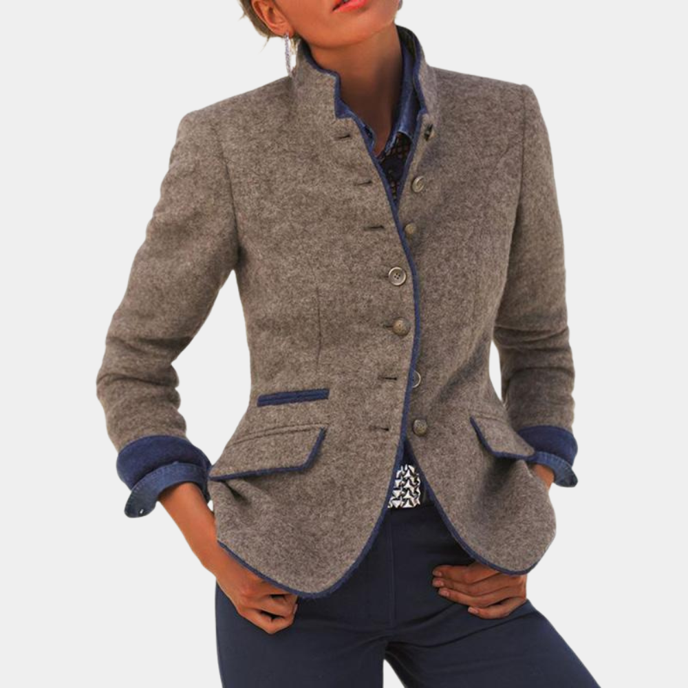 Women's tailored blazer with Mandarin collar, textured fabric, button closure, structured professional fit