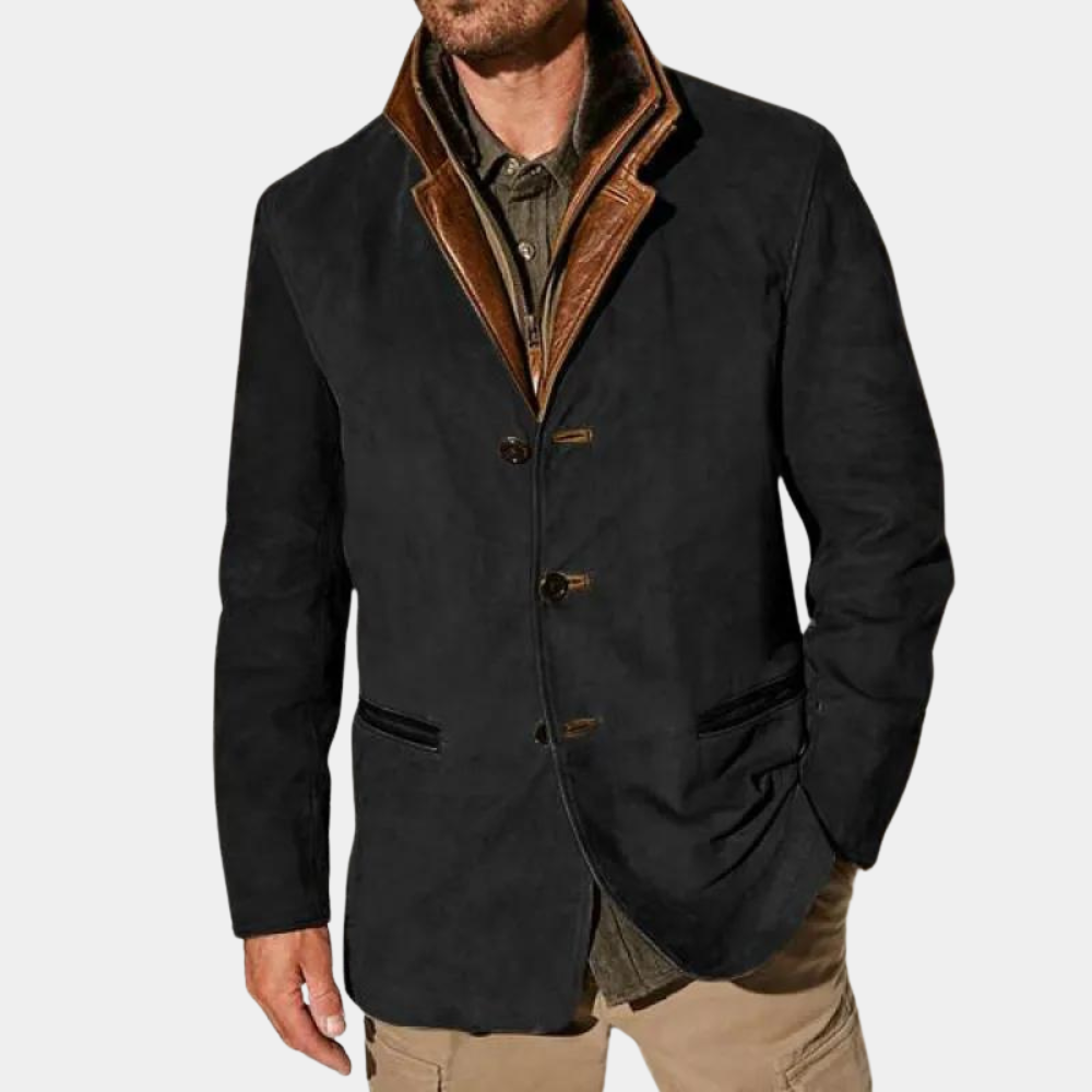 Men's vintage brown suede-look jacket with genuine leather detailing, Nordic-inspired rugged winter style