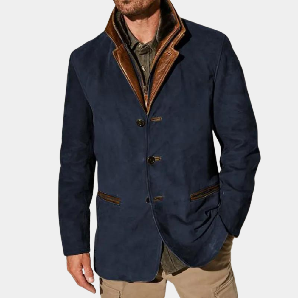 Men's brown suede-look jacket with genuine leather detailing, vintage Nordic-inspired rugged silhouette