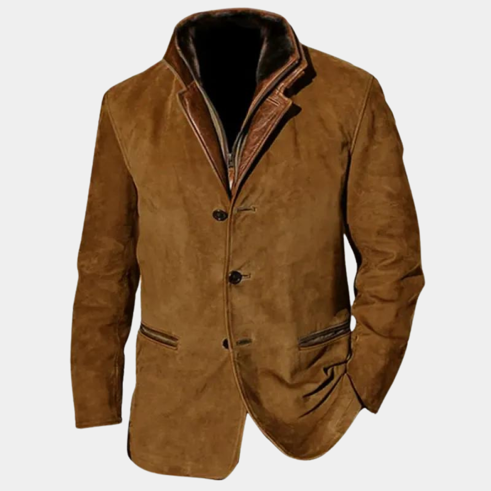 Men's brown suede-look jacket with genuine leather detailing, vintage Nordic-inspired slim fit