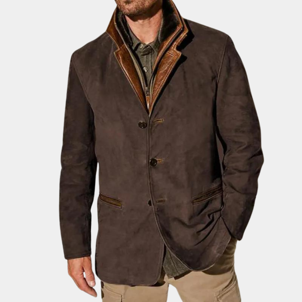 Men's brown suede-look jacket with genuine leather detailing, vintage Nordic-inspired rugged winter style
