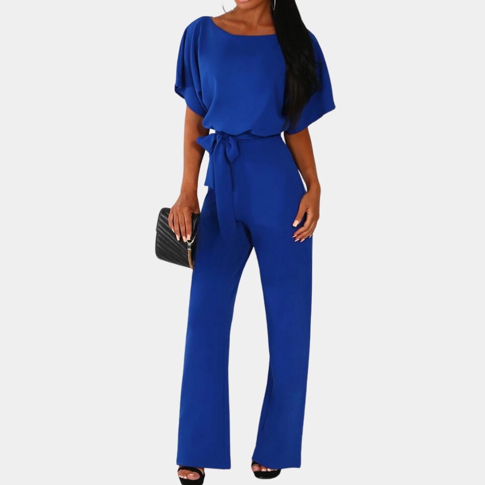 Women's loose fit jumpsuit short sleeves high waist tie belt elegant one-piece comfortable style