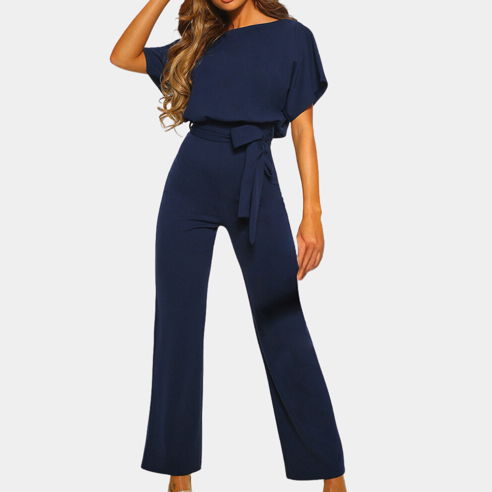Women's loose fit jumpsuit short sleeves high waist tie belt elegant one-piece comfortable