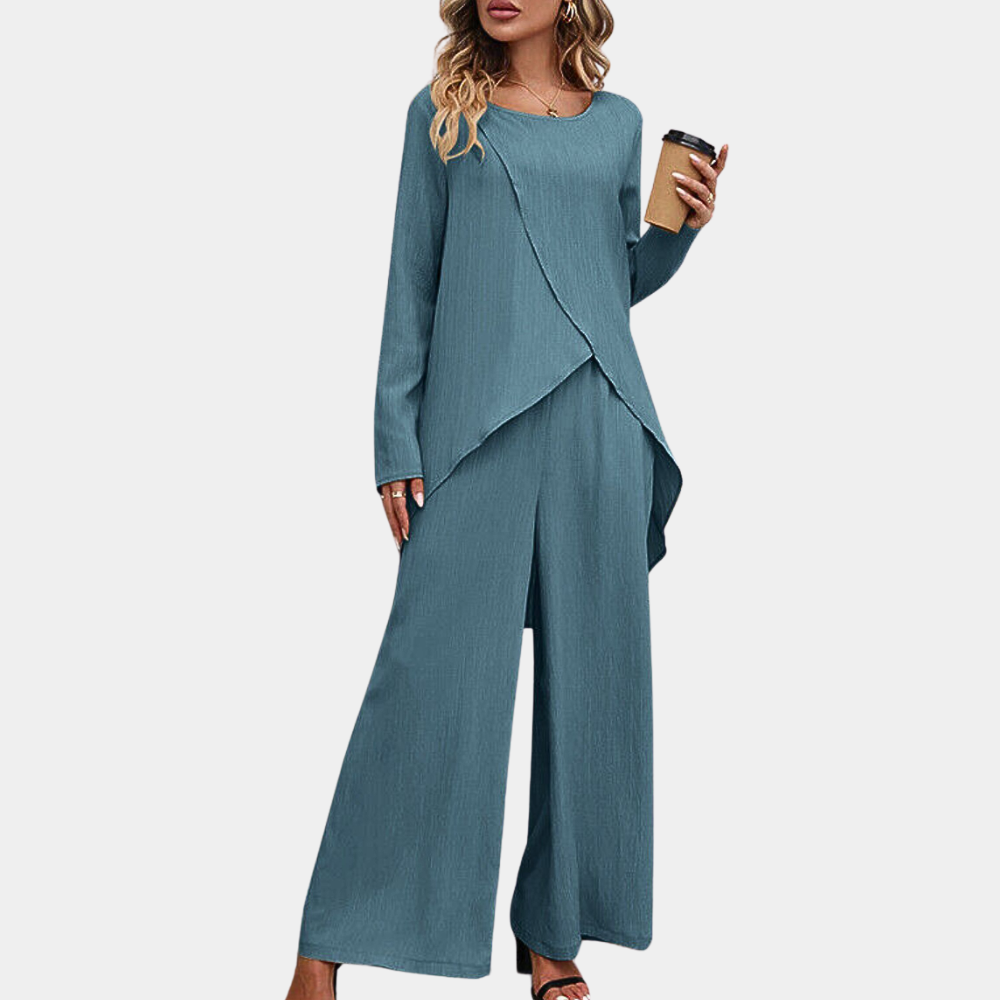 Women's two-piece set asymmetric blouse wide-leg pants elegant contemporary draped silhouette