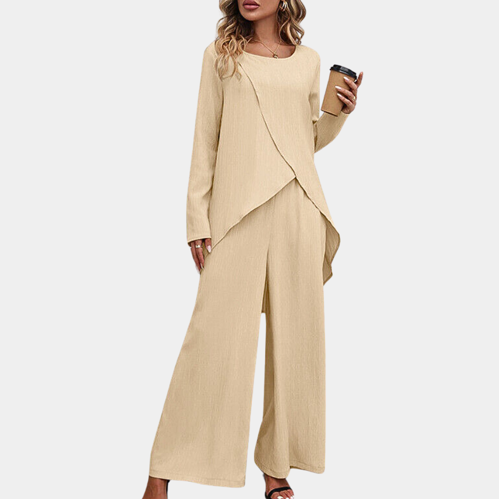 Women's white two-piece set asymmetric blouse wide-leg pants elegant contemporary silhouette