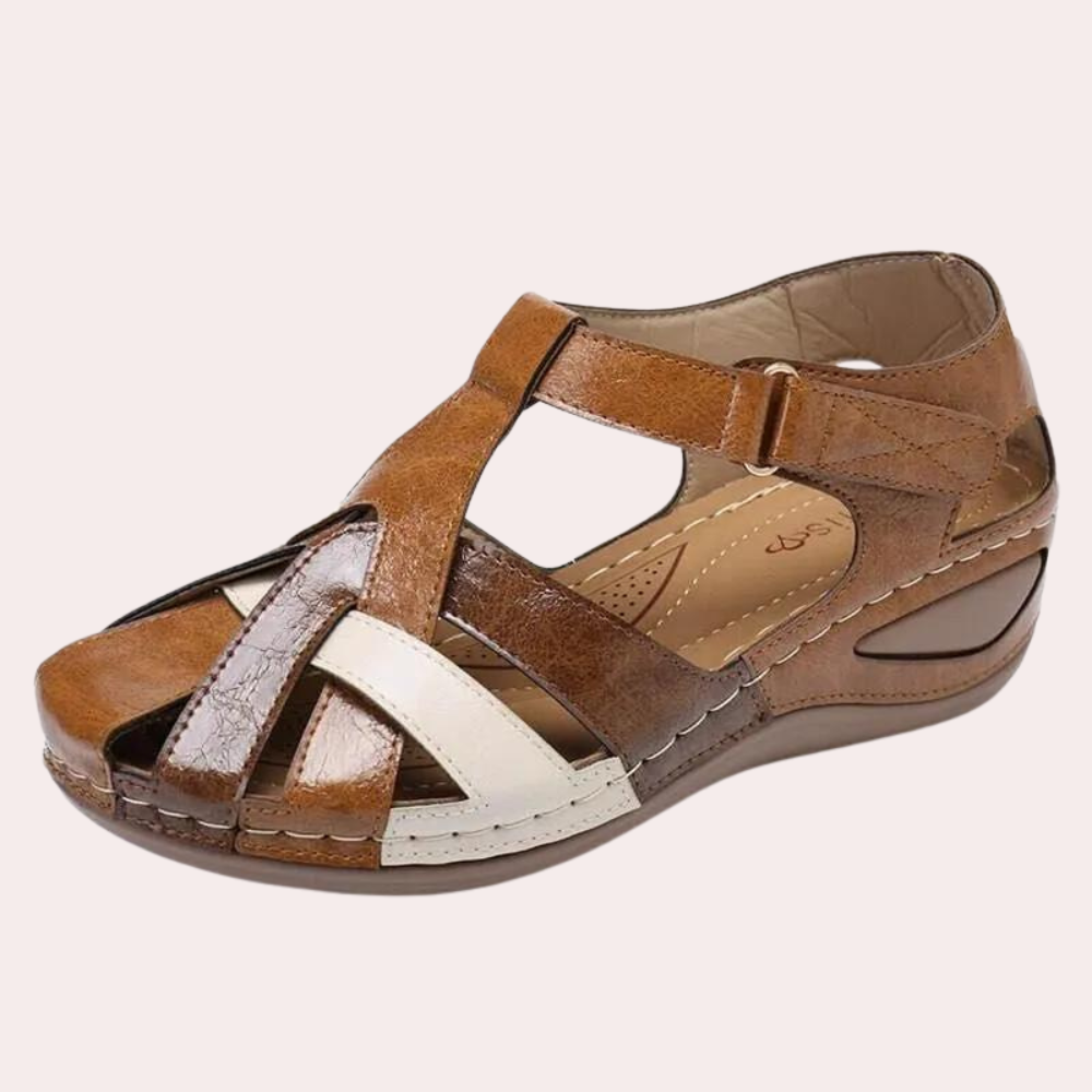 Women's leather-look sandals with adjustable strap and cushioned shock-absorbing sole for everyday comfort