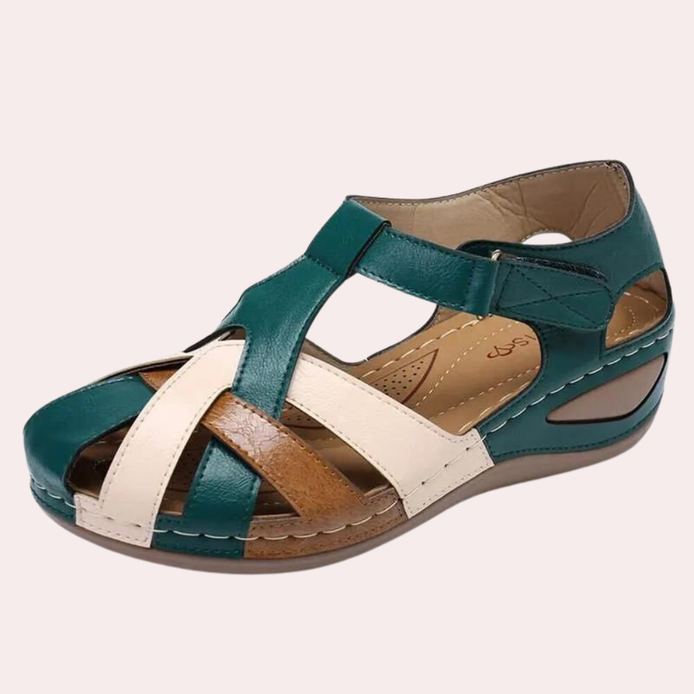 Women's leather-look sandals with adjustable strap and cushioned shock-absorbing sole for everyday comfort
