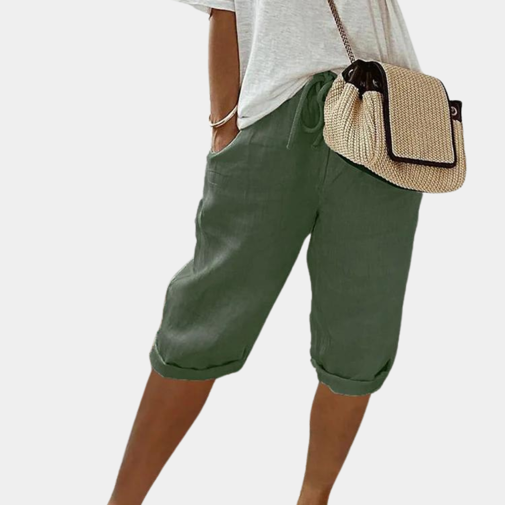 Emma women's casual linen-cotton blend shorts with elastic waistband and side pockets