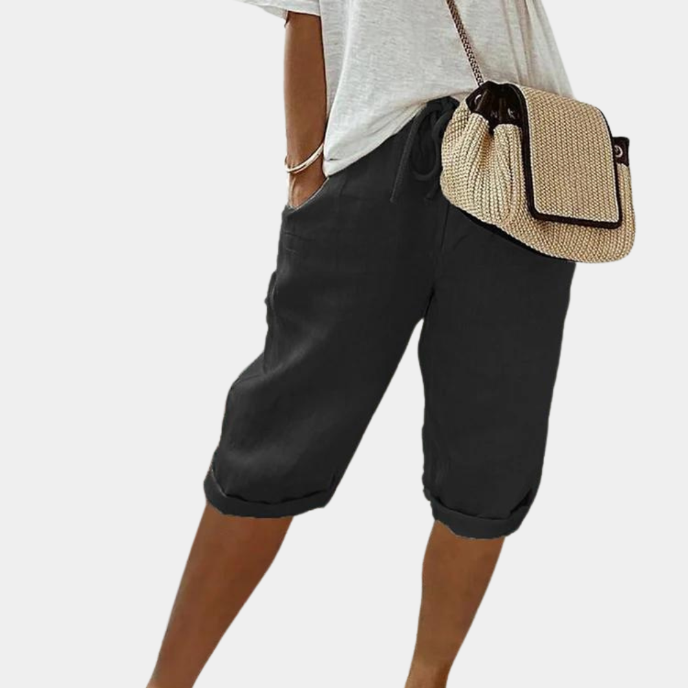 Emma women's casual linen-cotton blend shorts with elastic waistband and side pockets