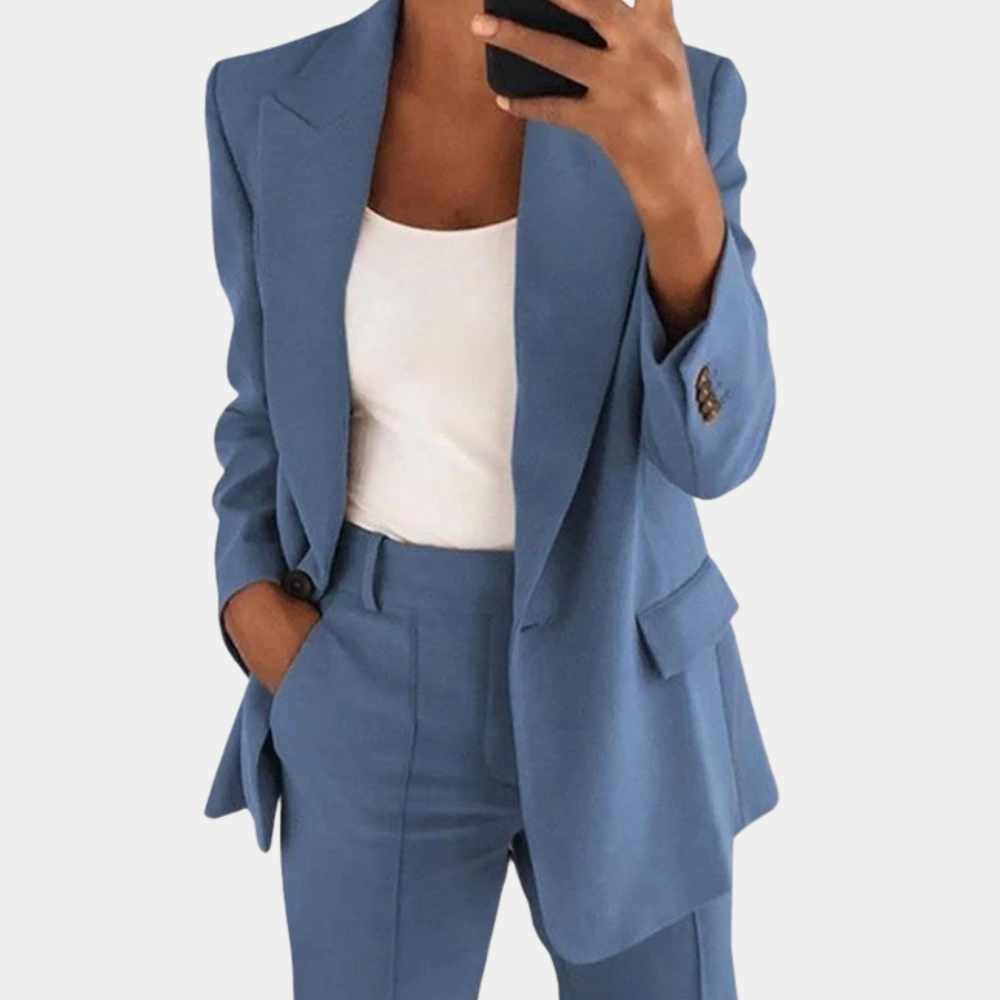 Women's black tailored 2-piece blazer and pants set with polished coordinating design