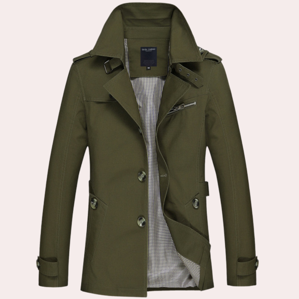 Men's slim fit double-breasted trench coat in classic beige with structured tailored silhouette