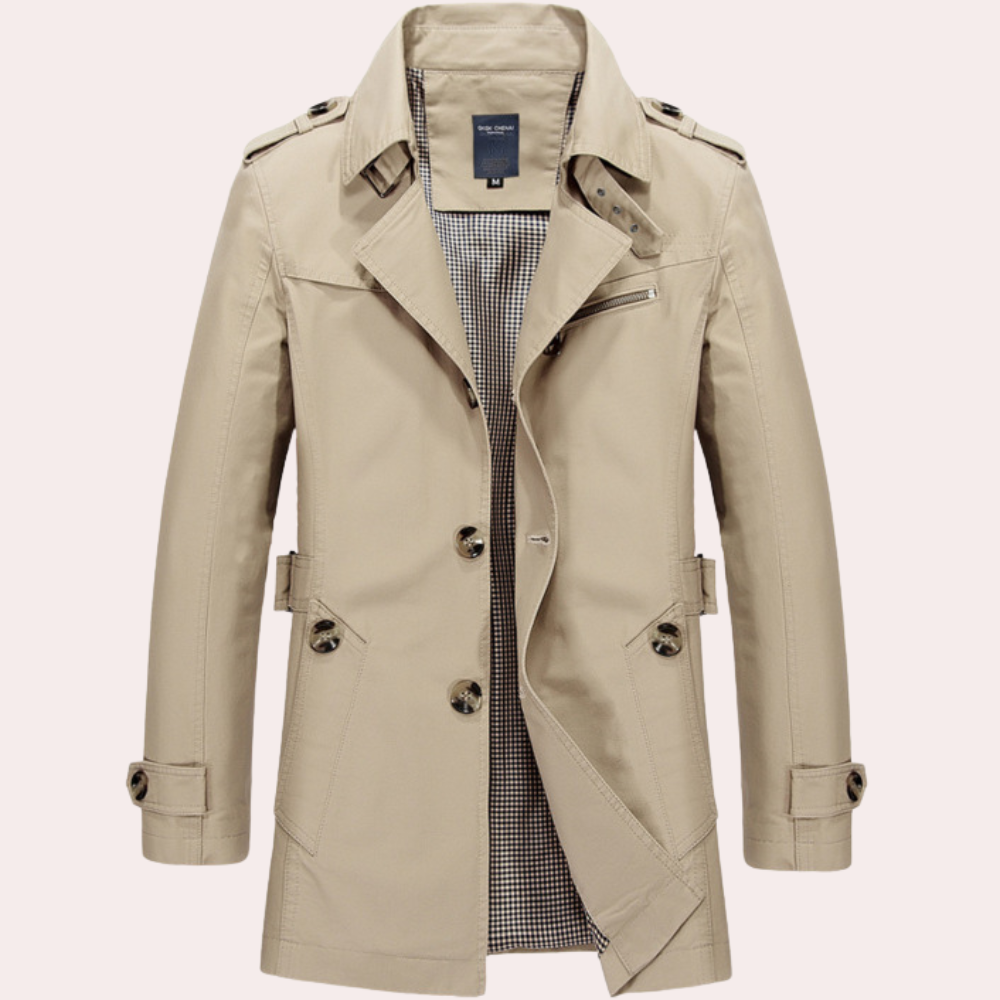 Men's beige slim fit double breasted trench coat with structured tailored silhouette