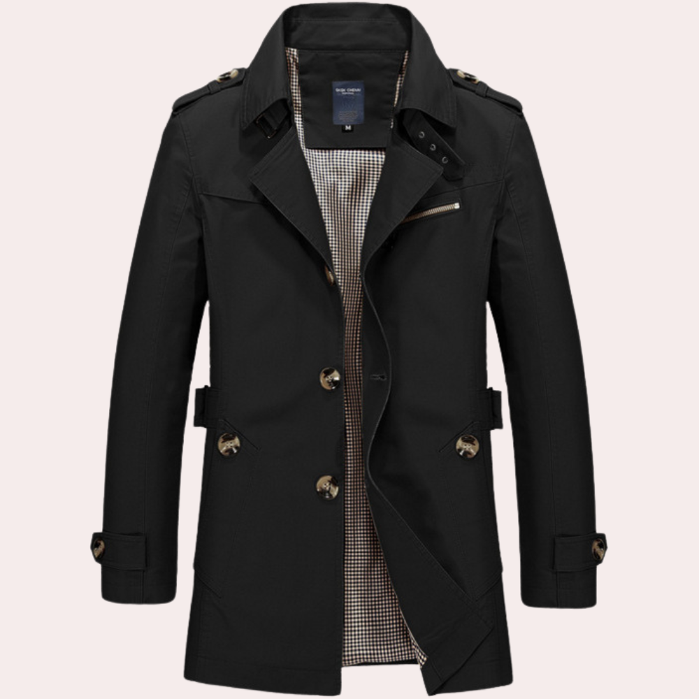 Men's beige slim fit double breasted trench coat with structured tailored silhouette