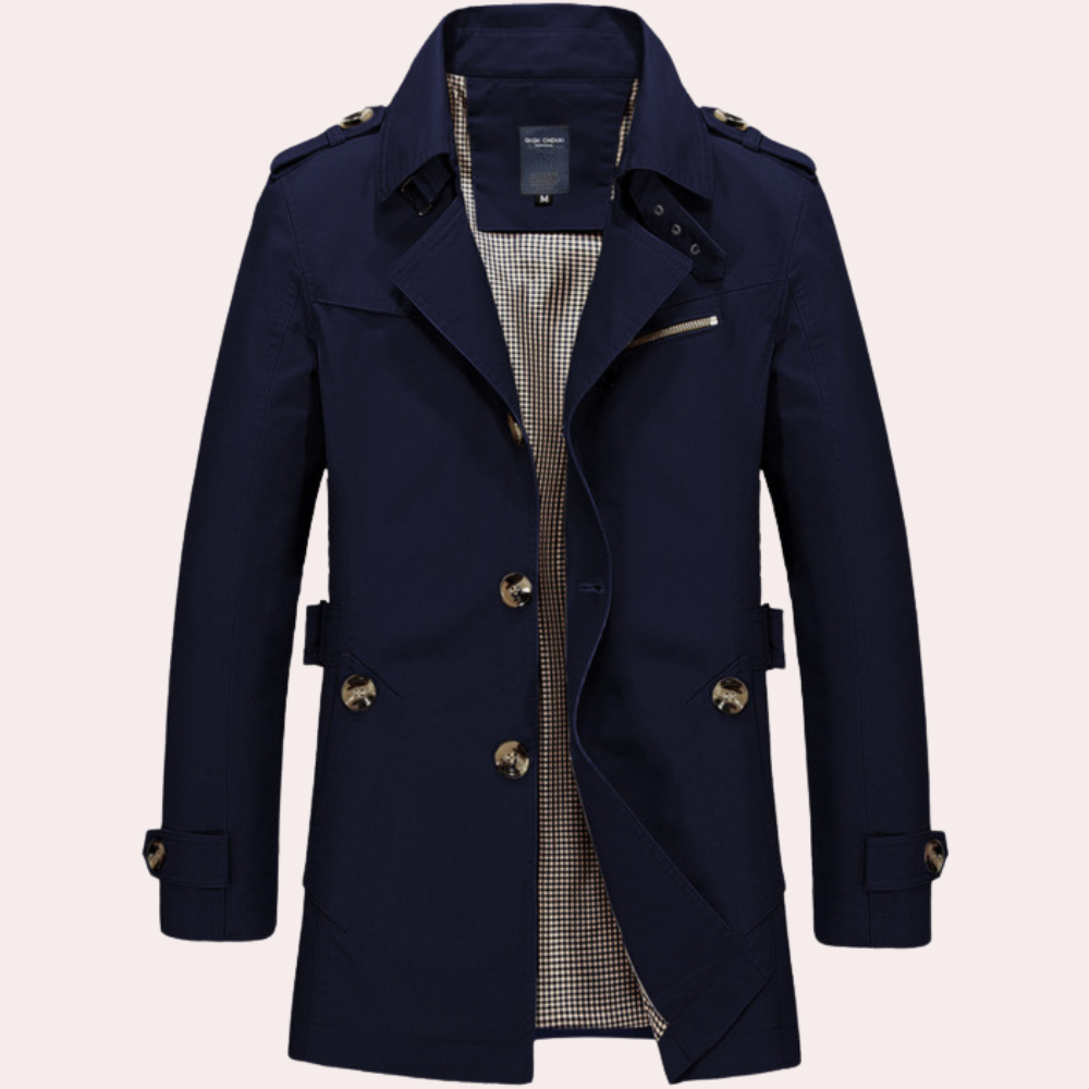 Men's slim fit double-breasted trench coat in classic style with structured tailored silhouette