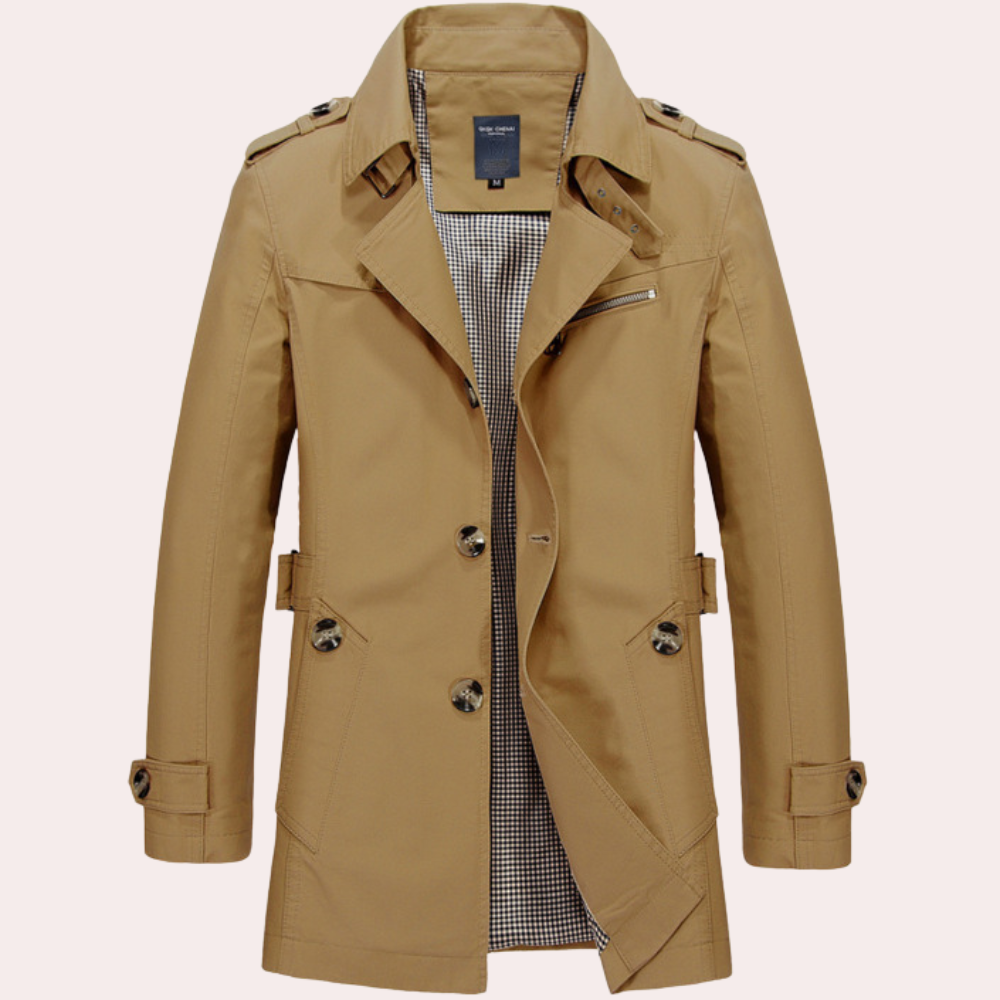 Men's beige slim fit double breasted trench coat with structured tailored silhouette