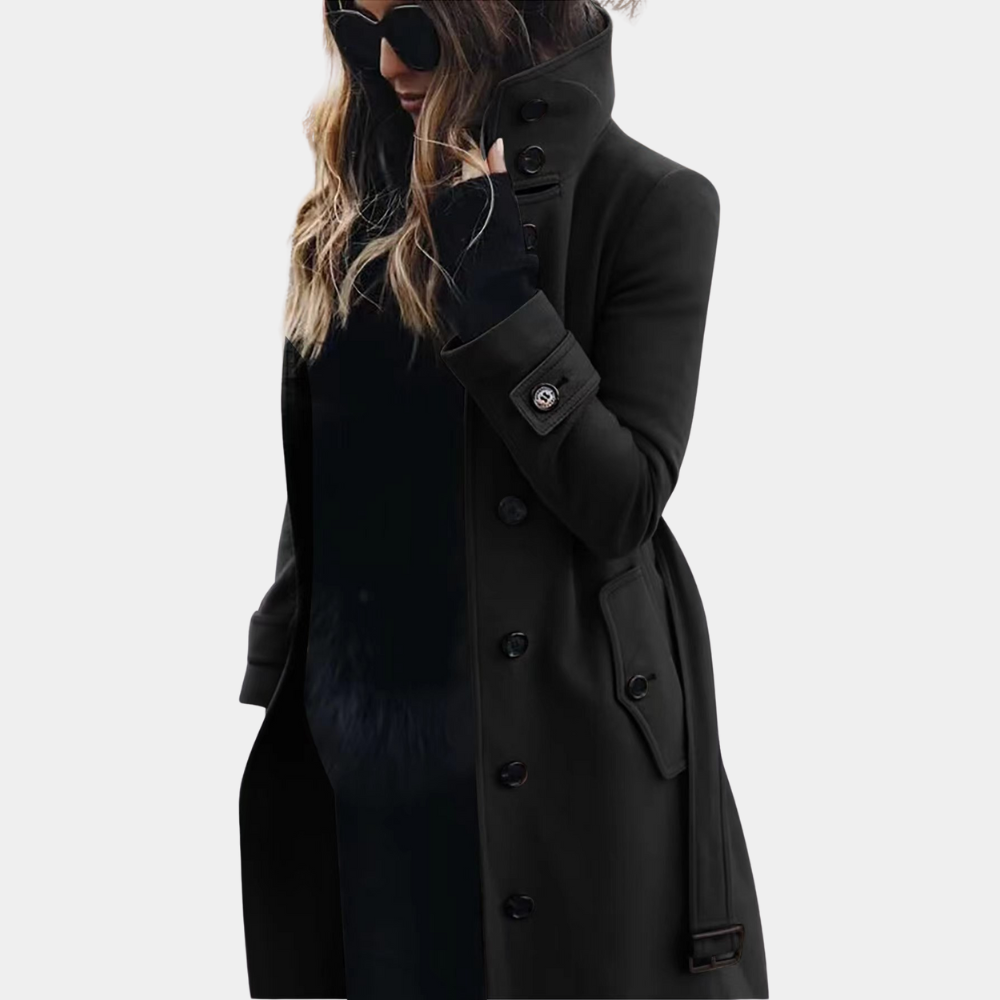 Women's long tailored coat double-breasted high collar flap pockets polished structured silhouette