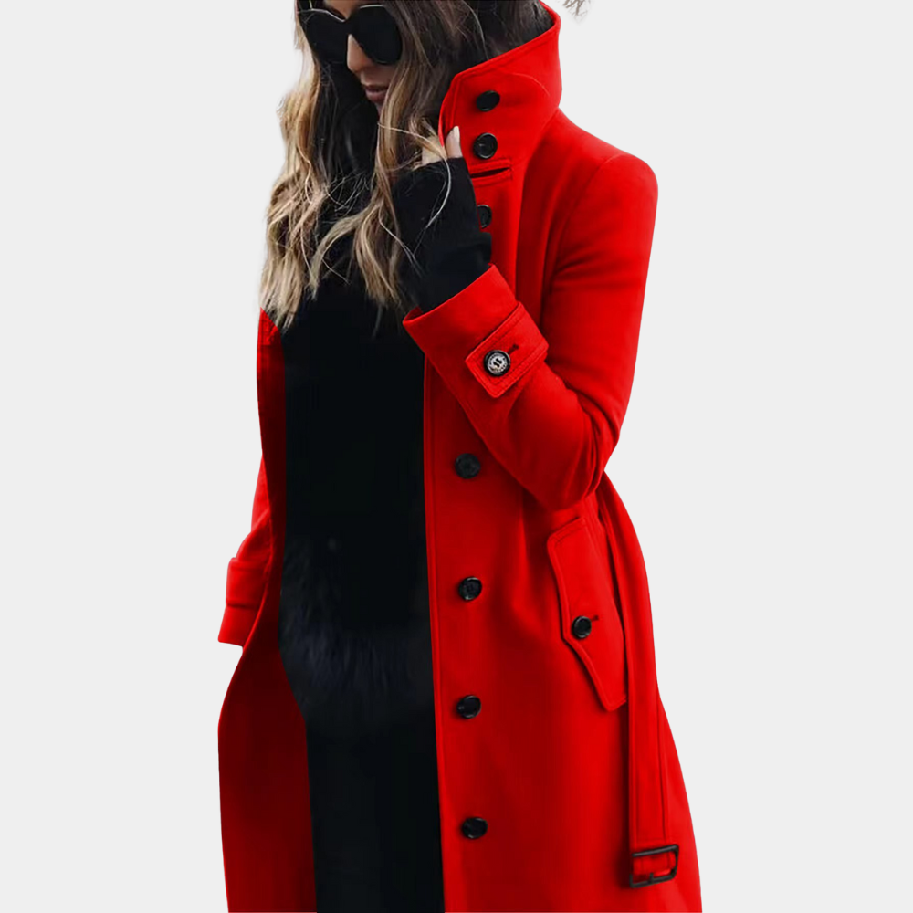 Women's long tailored double-breasted coat with high collar and flap pockets, polished structured fit