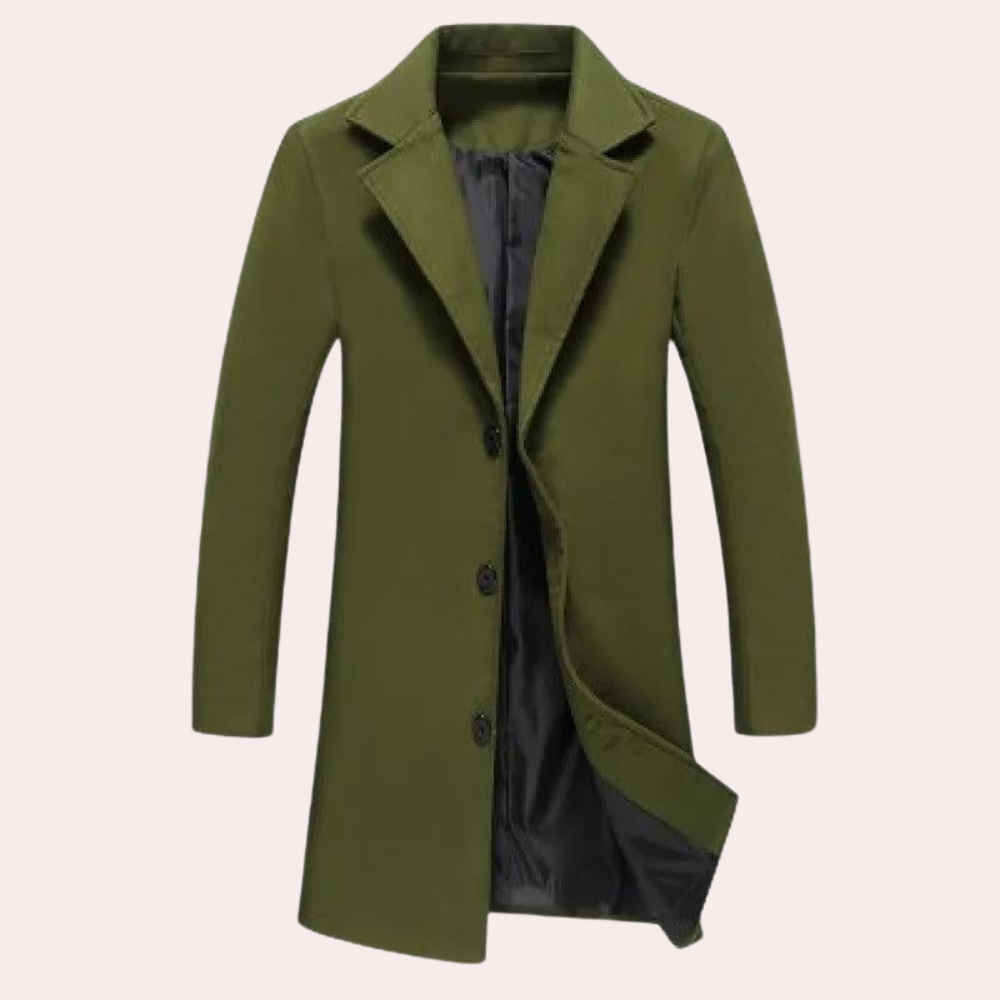 Men's camel wool blend tailored fit knee-length coat with breasted closure for professionals