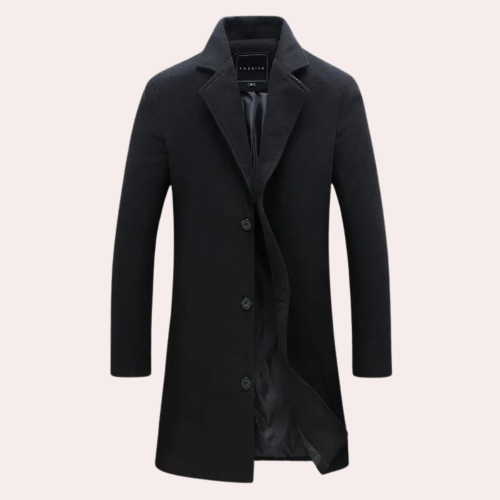 Men's camel wool blend tailored fit knee-length coat with breasted closure for professionals