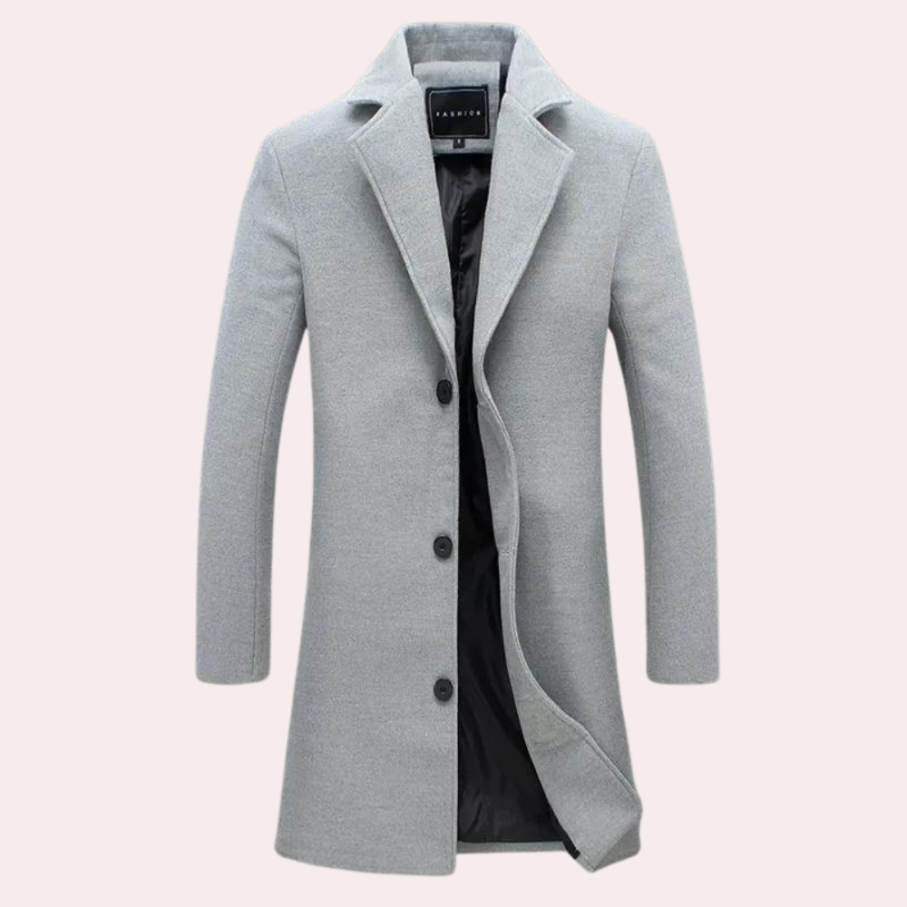 Men's camel wool blend tailored knee-length coat with double-breasted closure, elegant professional style