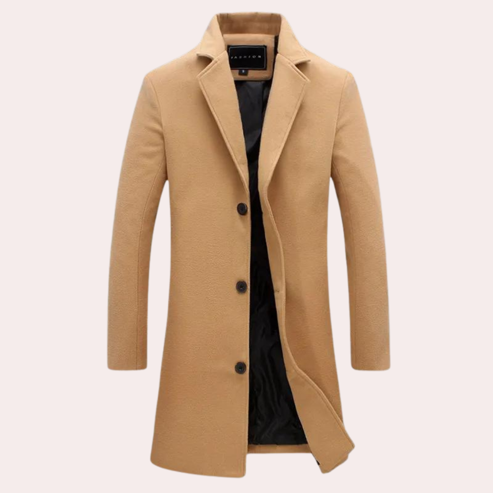 Men's camel wool blend tailored knee-length coat with double-breasted closure for professionals