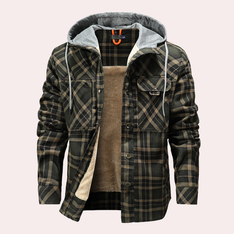Men's classic fit hoodie in neutral tone with adjustable hood, sustainable everyday streetwear essential
