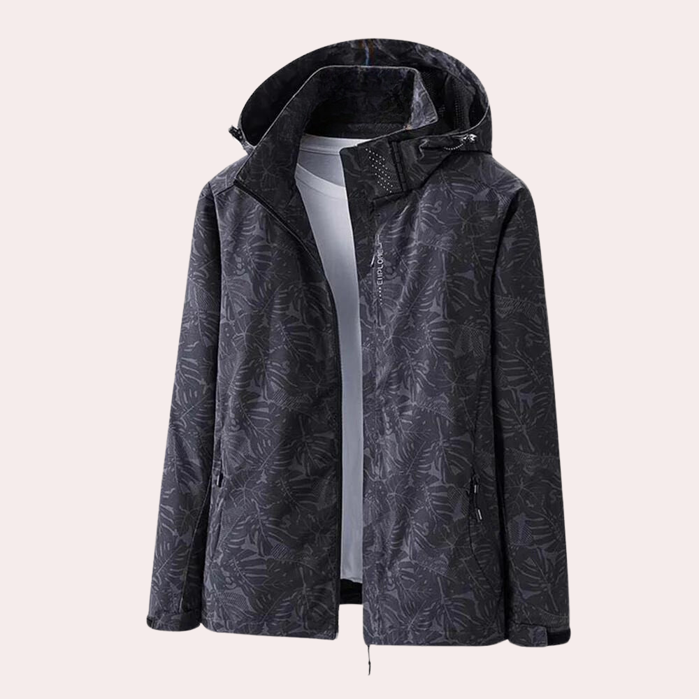 Women's lightweight patterned zip-up hooded rain jacket with water-resistant shell for everyday wear