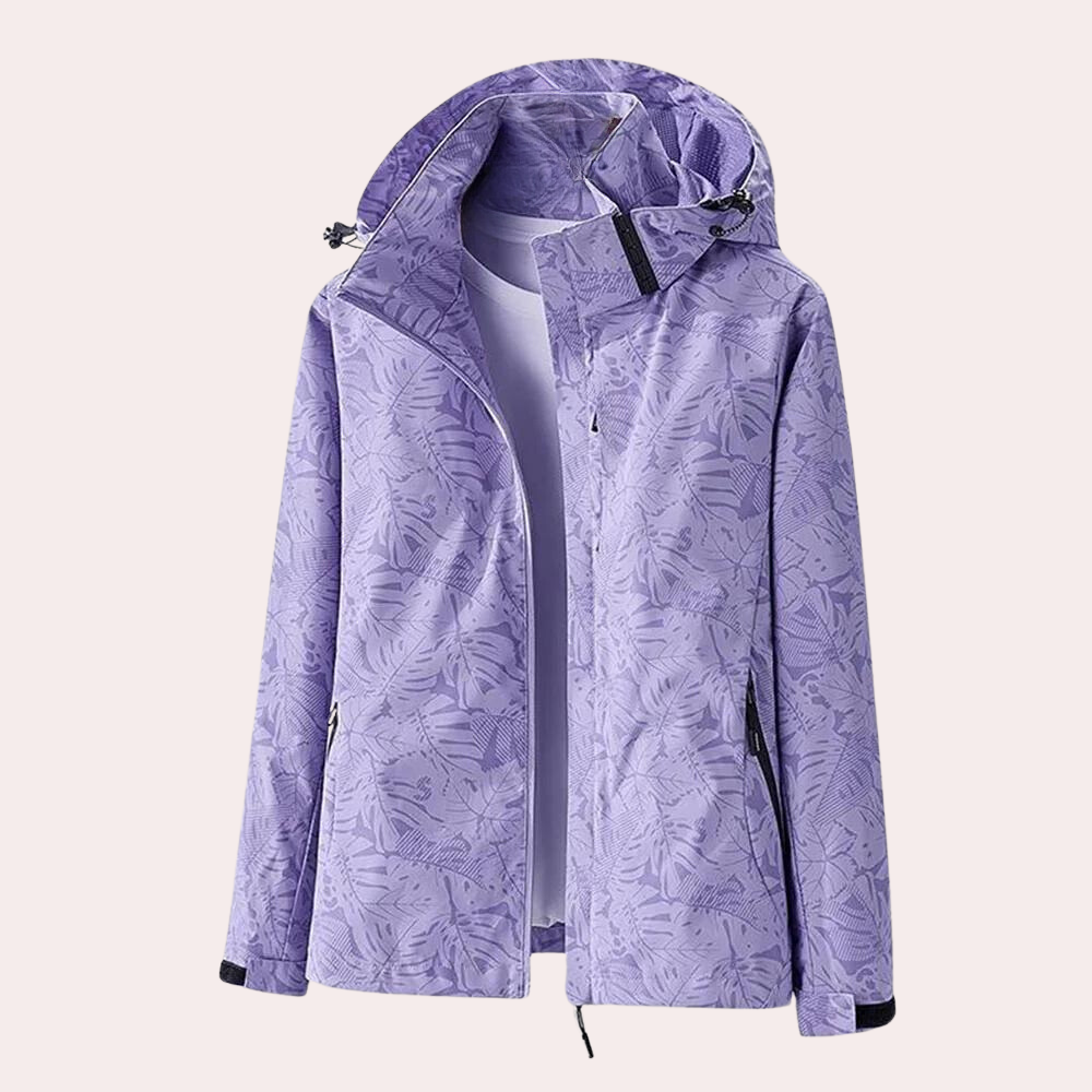 Women's lightweight patterned zip-up hooded rain jacket with water-resistant shell for everyday wear