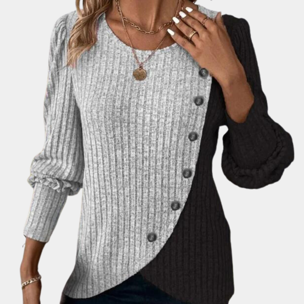 Women's relaxed fit knit sweater asymmetric design with button detail, cozy long sleeve Nordic style