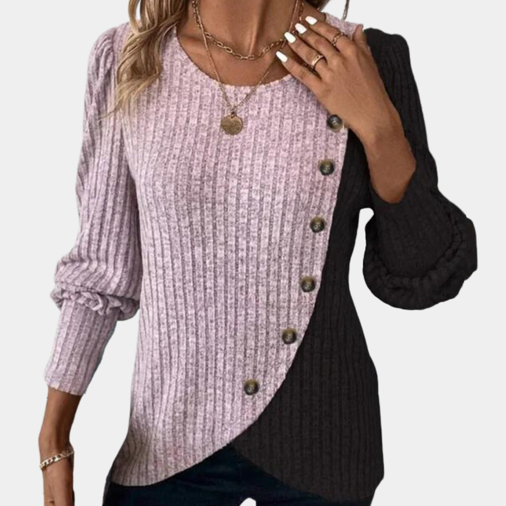 Women's relaxed-fit knit sweater asymmetric design with button detail, cozy long sleeve Nordic style