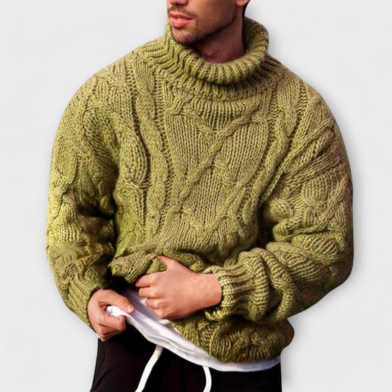 Men's ribbed turtleneck knit sweater in classic winter tones, slim contemporary fit, sustainable easy-care knitwear